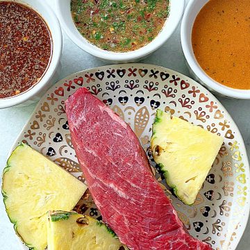 steak with fresh pineapple and three marinades