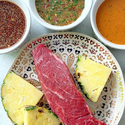 steak with fresh pineapple and three marinades