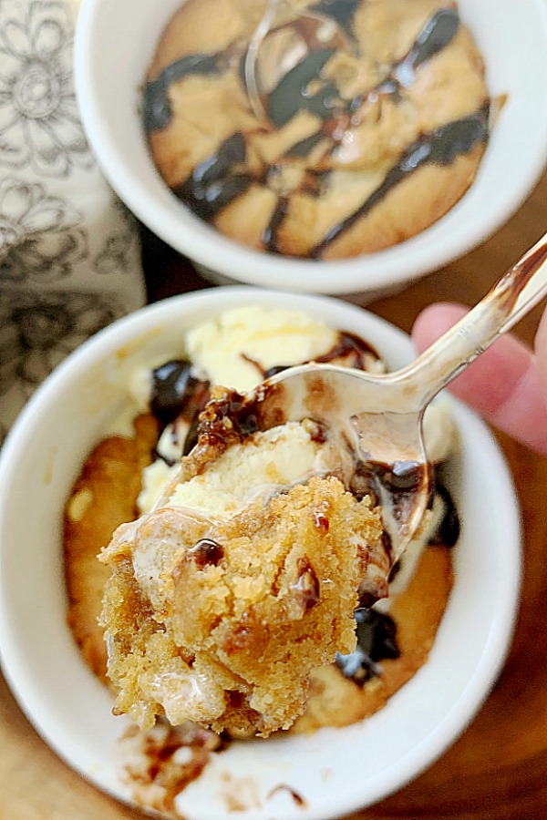 taking a bite of peanut butter cookie cake