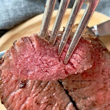 bite of reverse sear steak