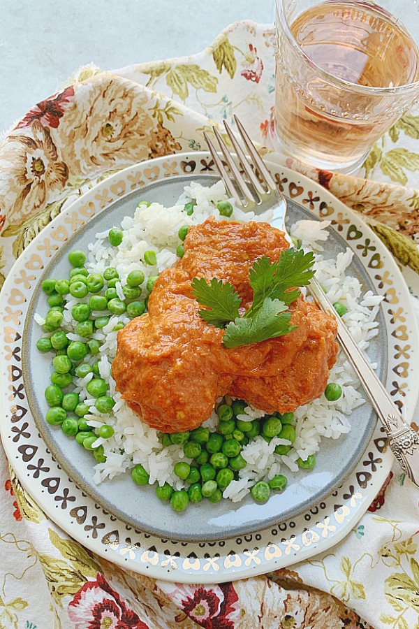 indian butter chicken meatballs on a plate - overhead view