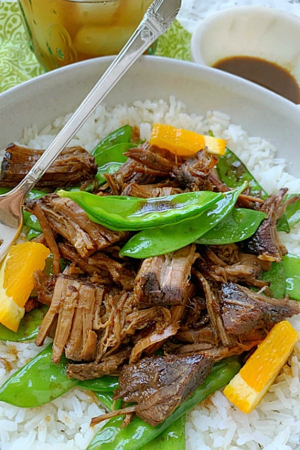 crispy crockpot orange beef overhead view