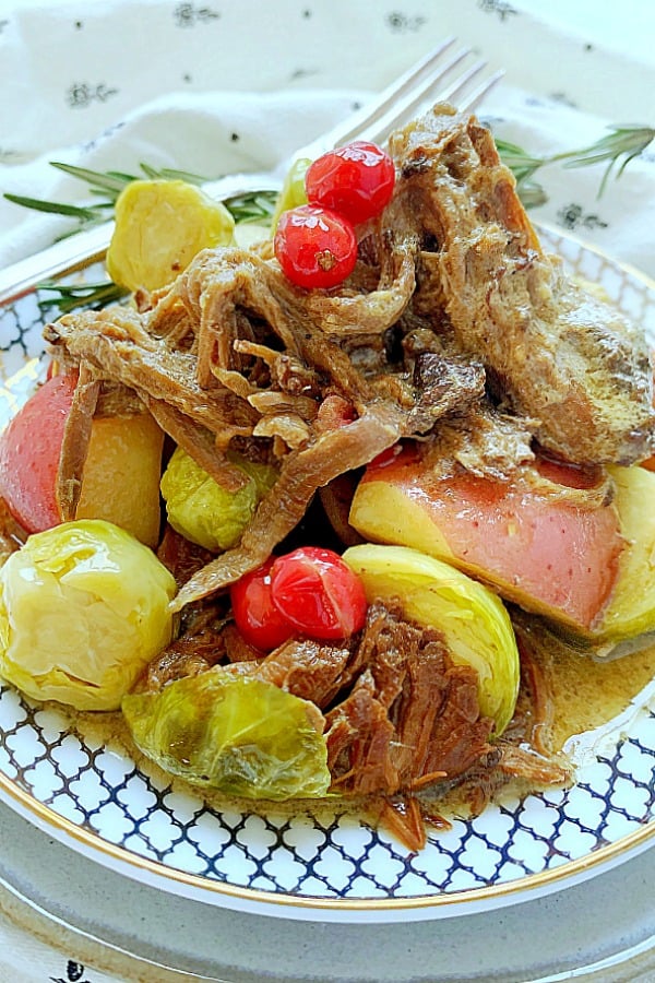 cranberry pot roast with potatoes and Brussels sprouts