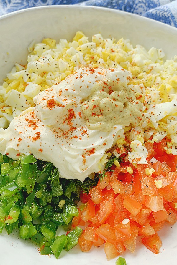 bowl of egg salad for filling gougeres