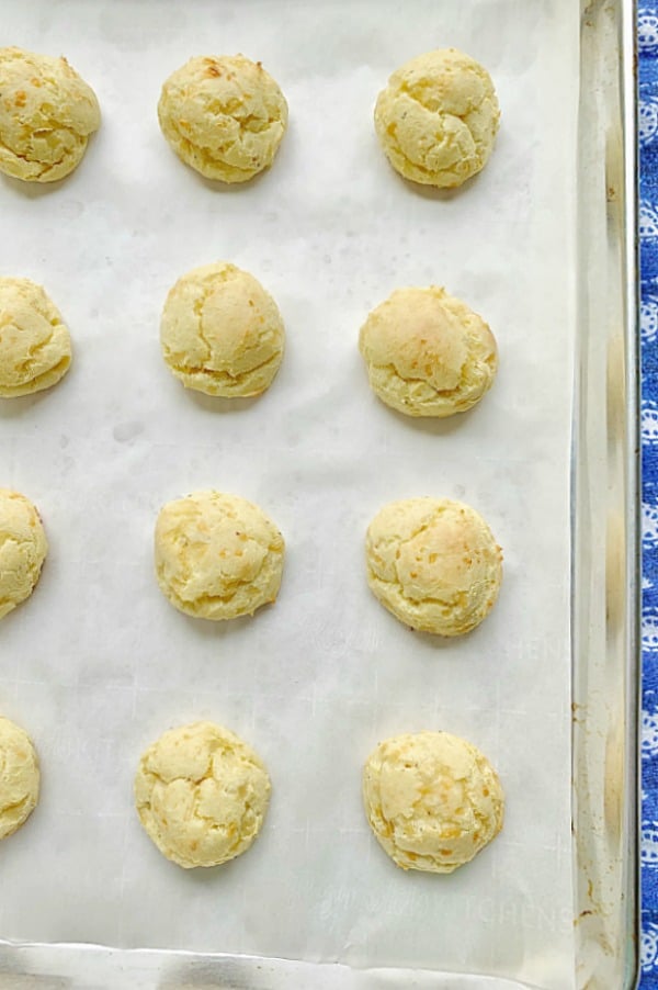 overhead view of baked gougeres - classic french cheese puffs