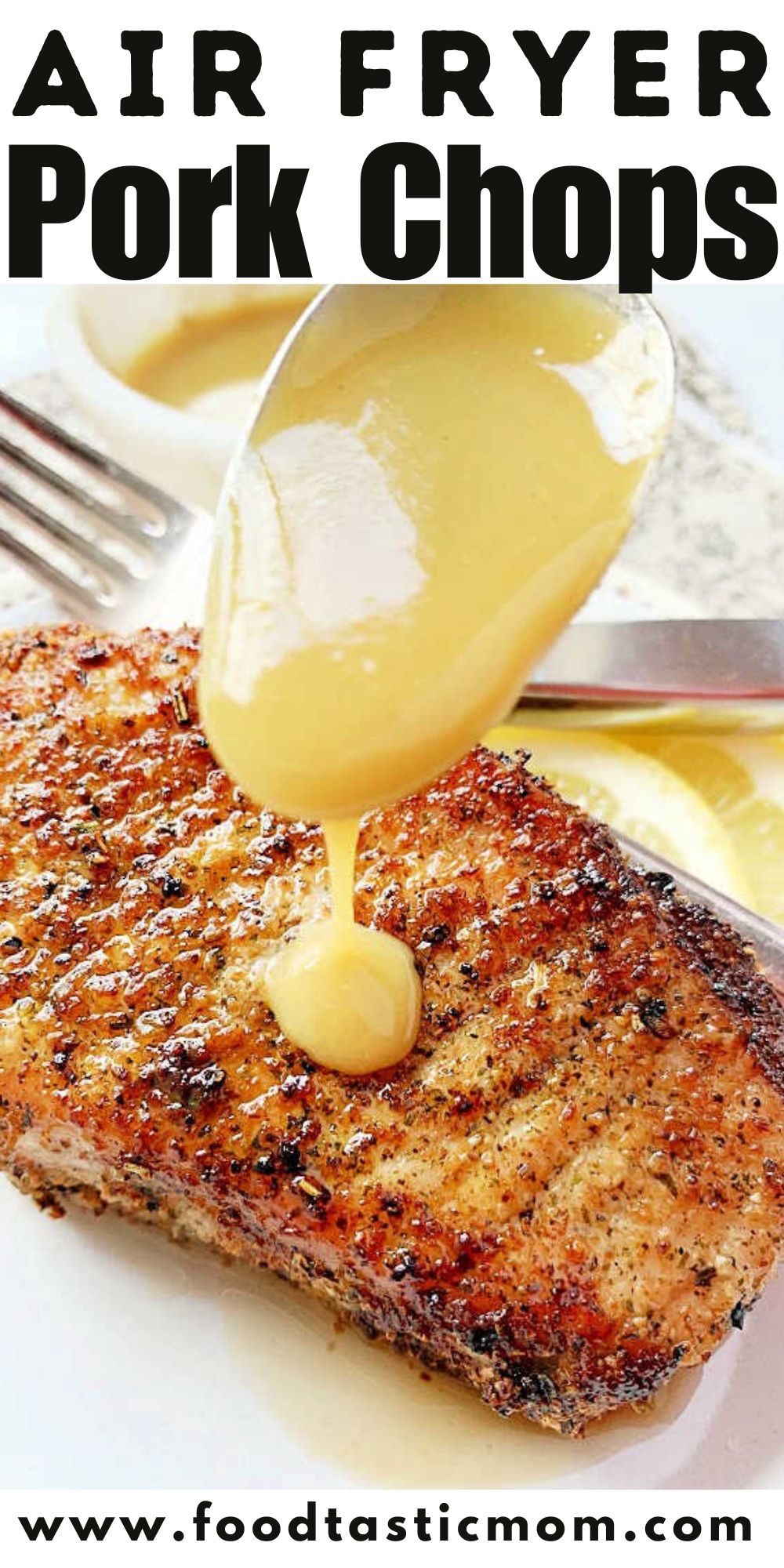 Learn the tips for making easy and juicy air fryer boneless pork chops with a quick, homemade maple dijon lemon sauce.  via @foodtasticmom