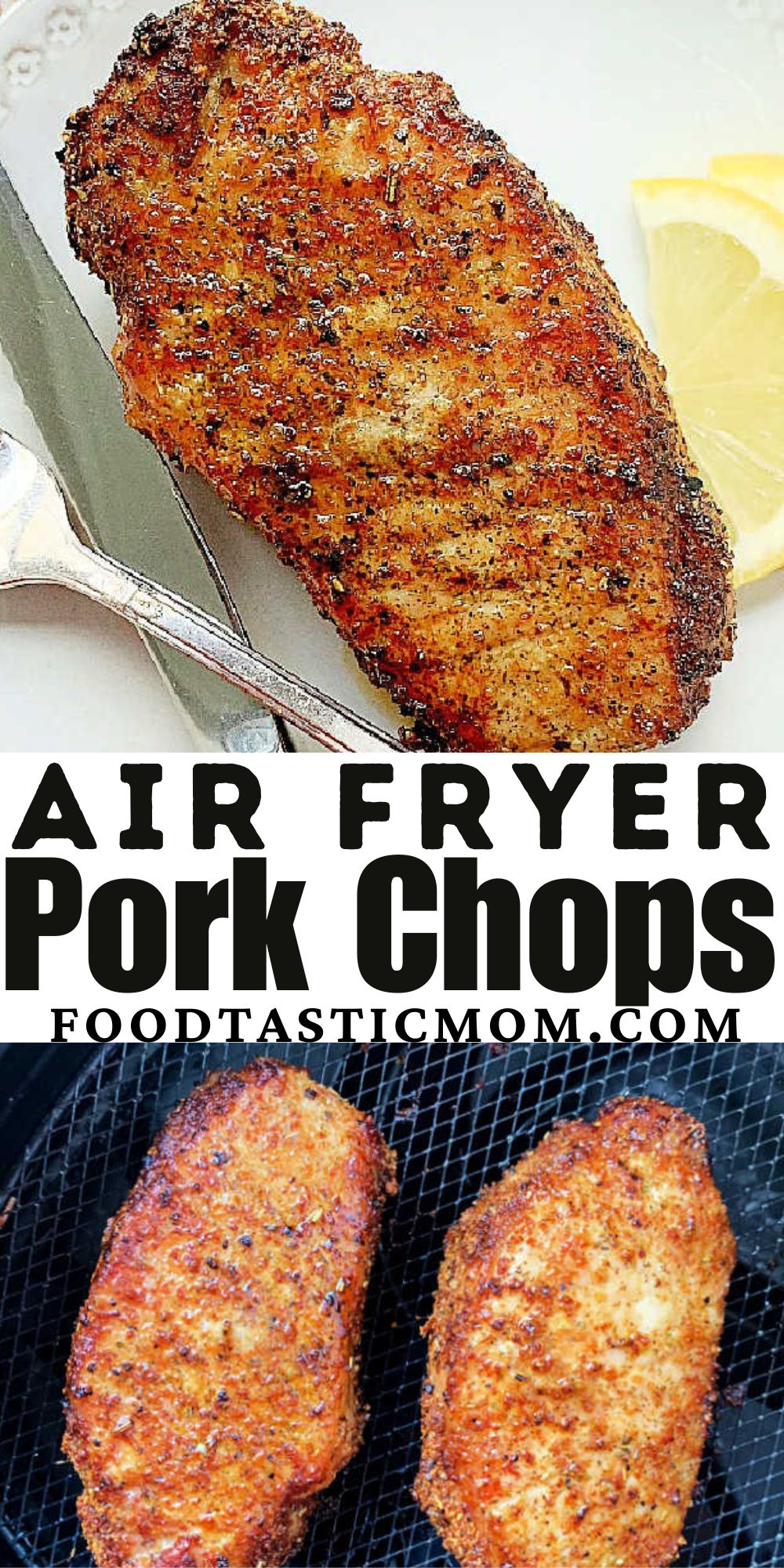 Learn the tips for making easy and juicy air fryer boneless pork chops with a quick, homemade maple dijon lemon sauce.  via @foodtasticmom