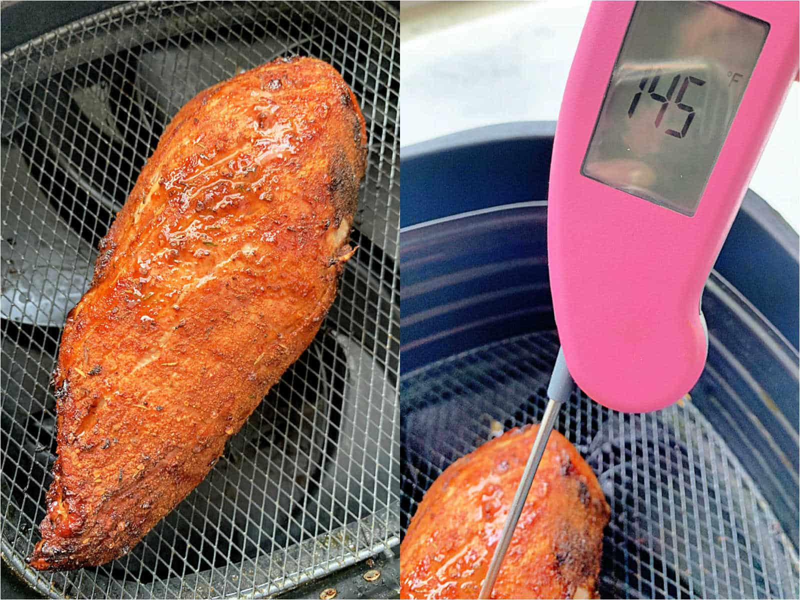 cooked pork tenderloin in the air fryer basket being checked by a meat thermometer