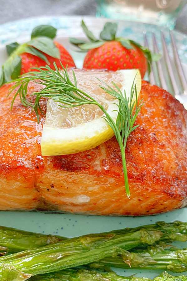 side view of air fryer salmon