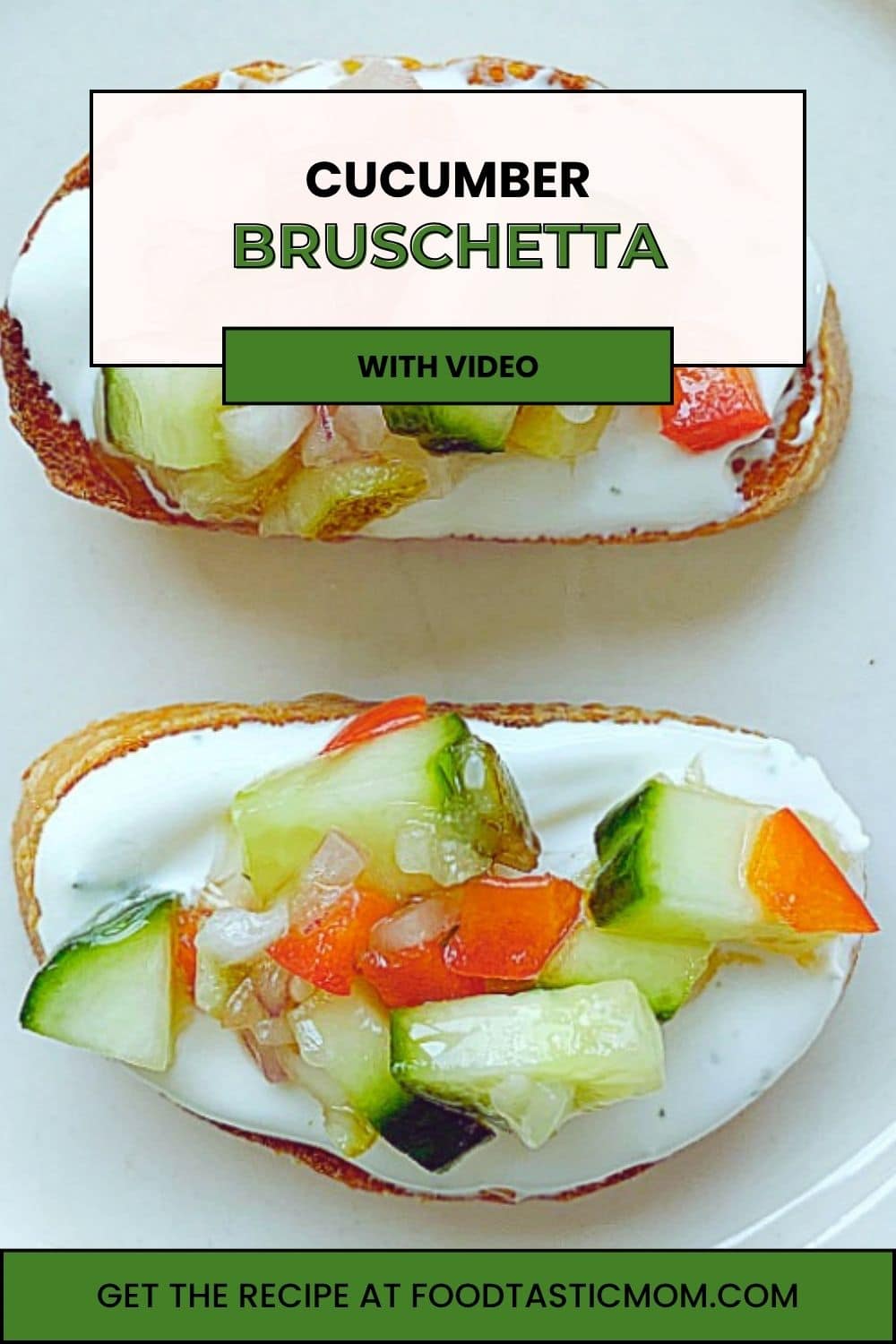 Cucumber Bruschetta is a mix of fresh cucumbers, pickles, red pepper, onion and dill that is so simple to make and sure to be a crowd pleaser. via @foodtasticmom
