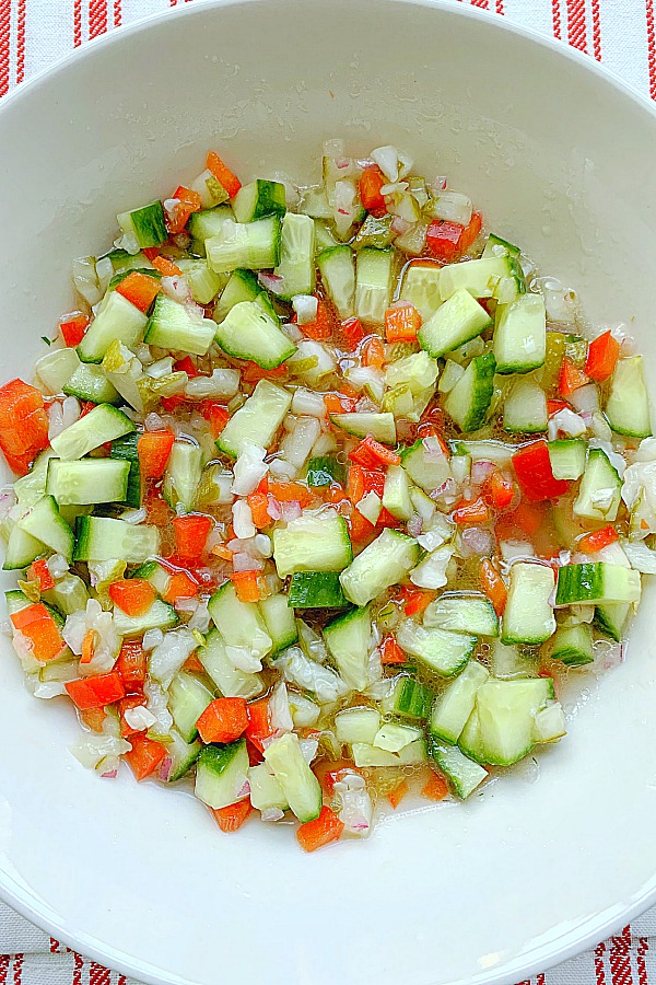 bowl full of pickle bruschetta