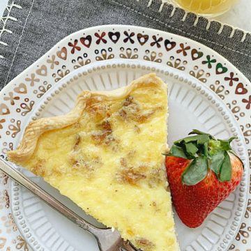 overhead view of quiche slice on plate