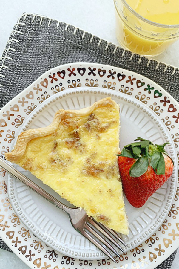 overhead view of quiche slice on plate