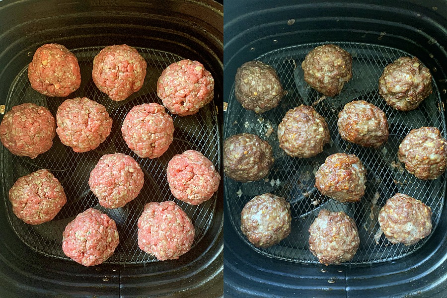 air fryer meatballs collage - showing the meatballs cooked in the air fryer