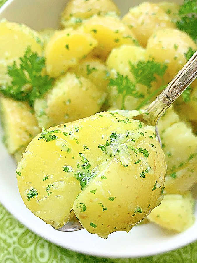 ready to take a bite of a perfectly cooked parsley potato