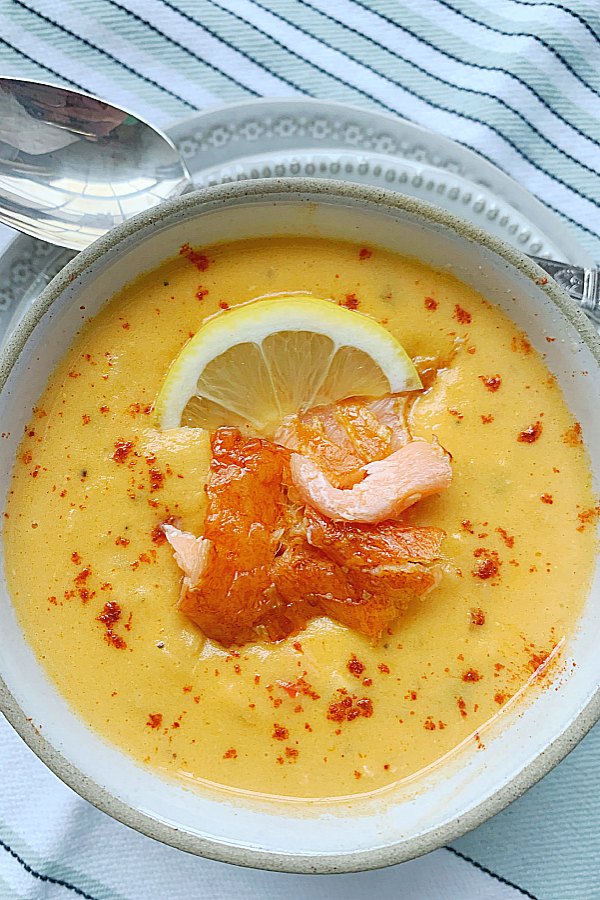 overhead view of smoke salmon chowder