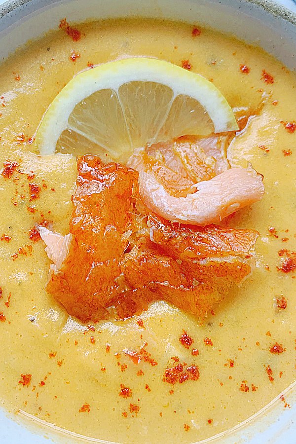close up of smoked salmon chowder in a bowl