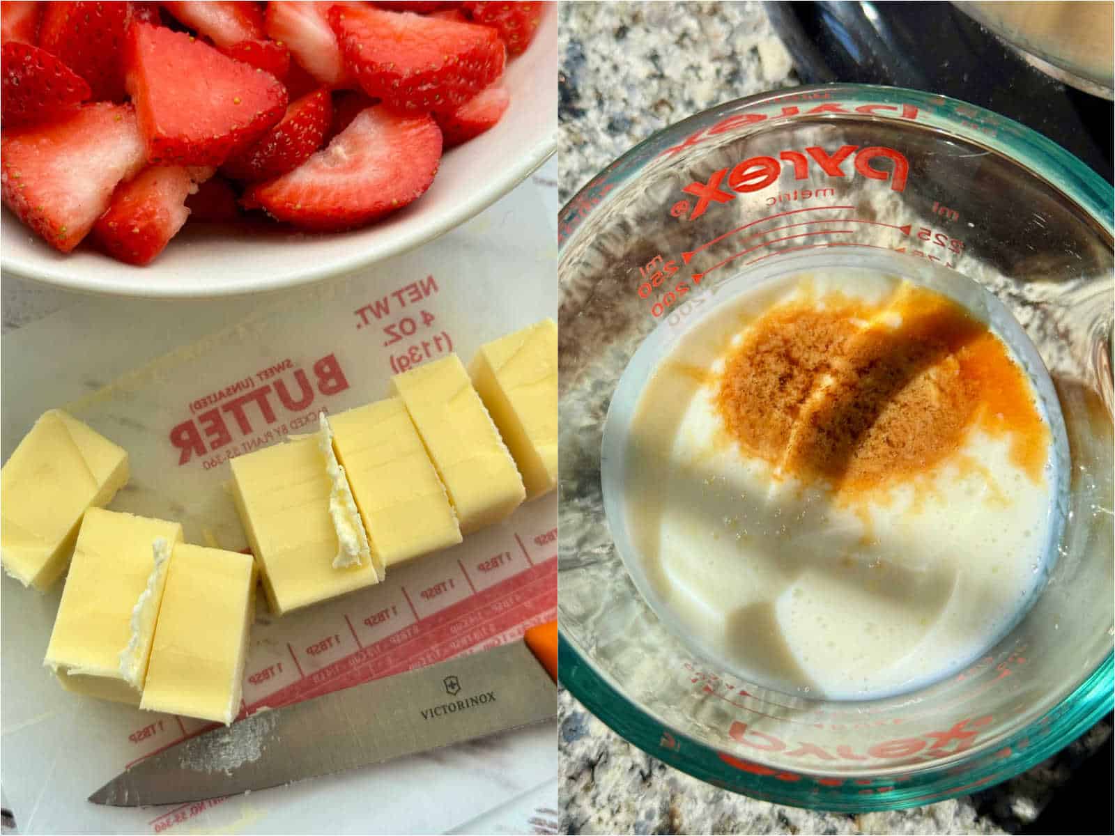 showing butter being cut into pieces to add to the flour and the vanilla mixed with the buttermilk