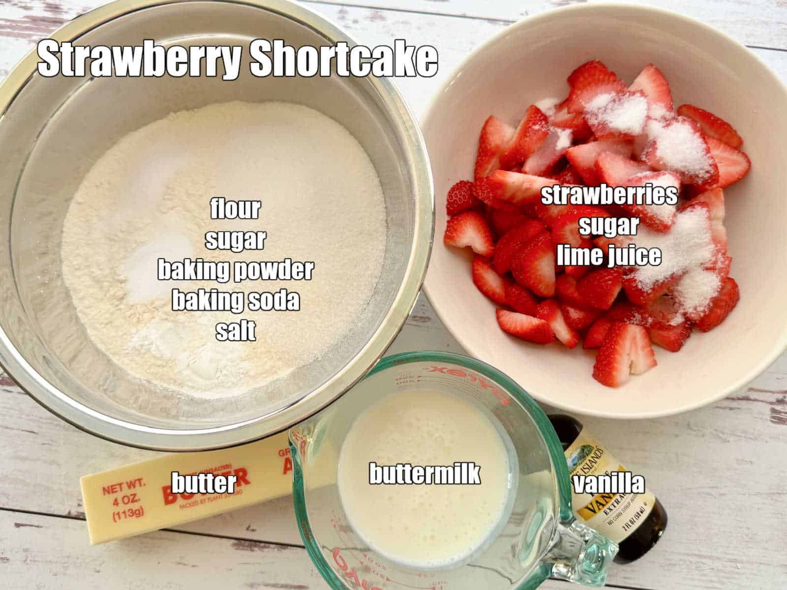 picture of ingredients needed to make homemade strawberry shortcake