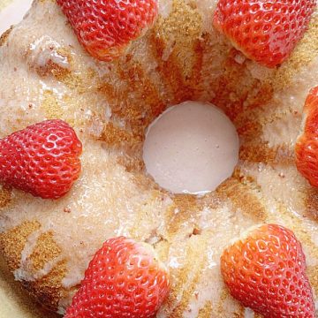 overhead view of strawberry bundt cake