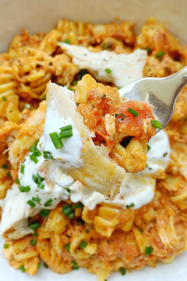 bite of chicken and chorizo pasta