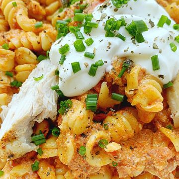 chicken and chorizo pasta in a bowl