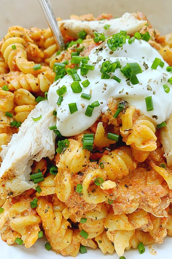 chicken and chorizo pasta in a bowl