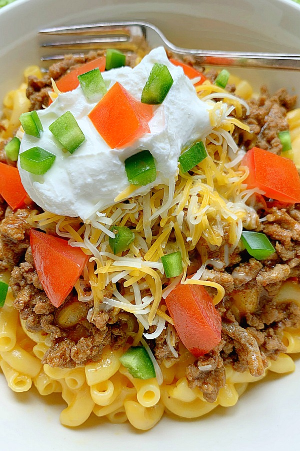 taco mac and cheese in a bowl