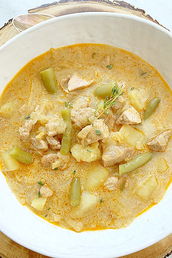 overhead view of bowl of pork stew