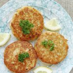 mom's salmon patty recipe on a plate