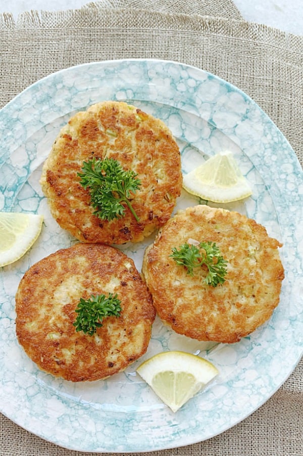 mom's salmon patty recipe on a plate