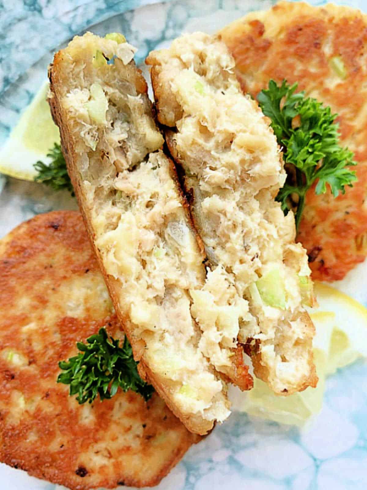 showing the interior of a fully cooked salmon patty