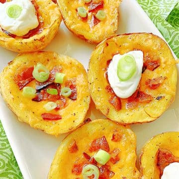 These Air Fryer Potato Skins are even better than restaurant skins. Start in the microwave and brush with bacon fat - then the air fryer makes them perfect!