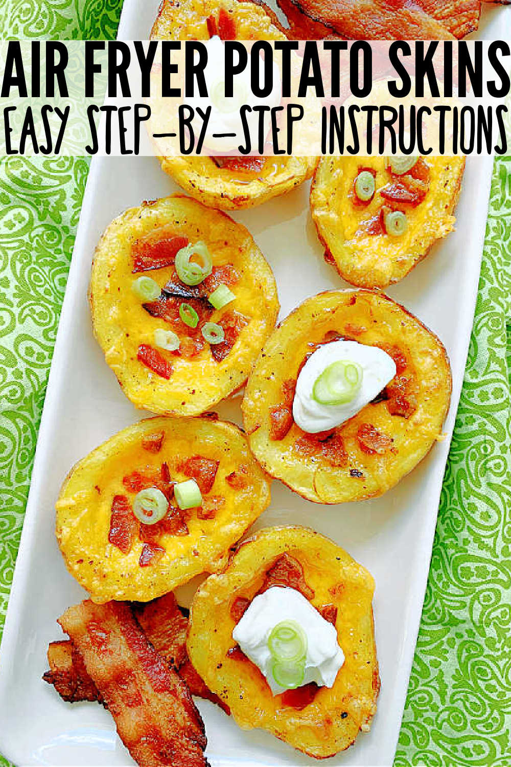 These Air Fryer Potato Skins are even better than restaurant skins. Start in the microwave and brush with bacon fat - then the air fryer makes them perfect! via @foodtasticmom