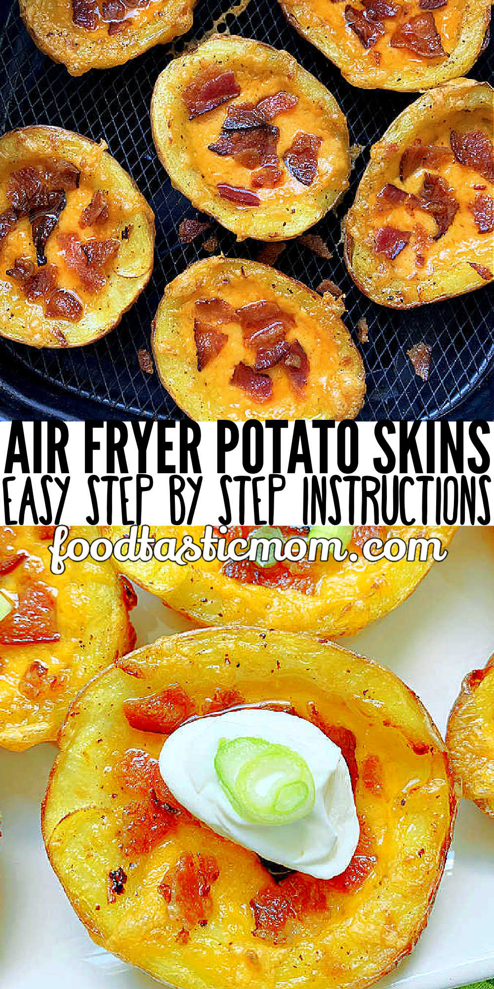 These Air Fryer Potato Skins are even better than restaurant skins. Start in the microwave and brush with bacon fat - then the air fryer makes them perfect! via @foodtasticmom