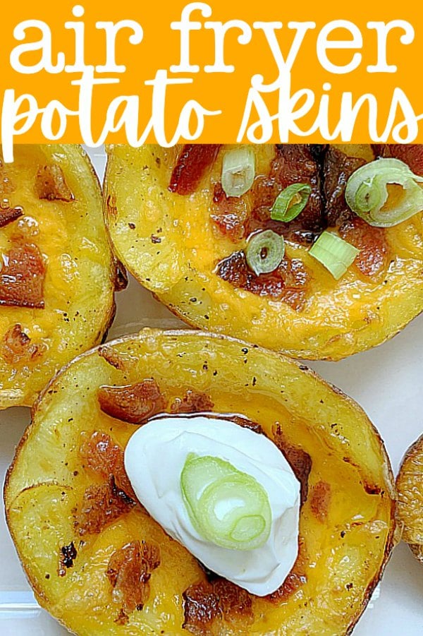 These Air Fryer Potato Skins are even better than restaurant skins. Start in the microwave and brush with bacon fat - then the air fryer makes them perfect! via @foodtasticmom