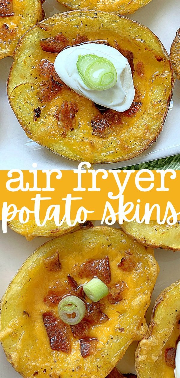 These Air Fryer Potato Skins are even better than restaurant skins. Start in the microwave and brush with bacon fat - then the air fryer makes them perfect! via @foodtasticmom