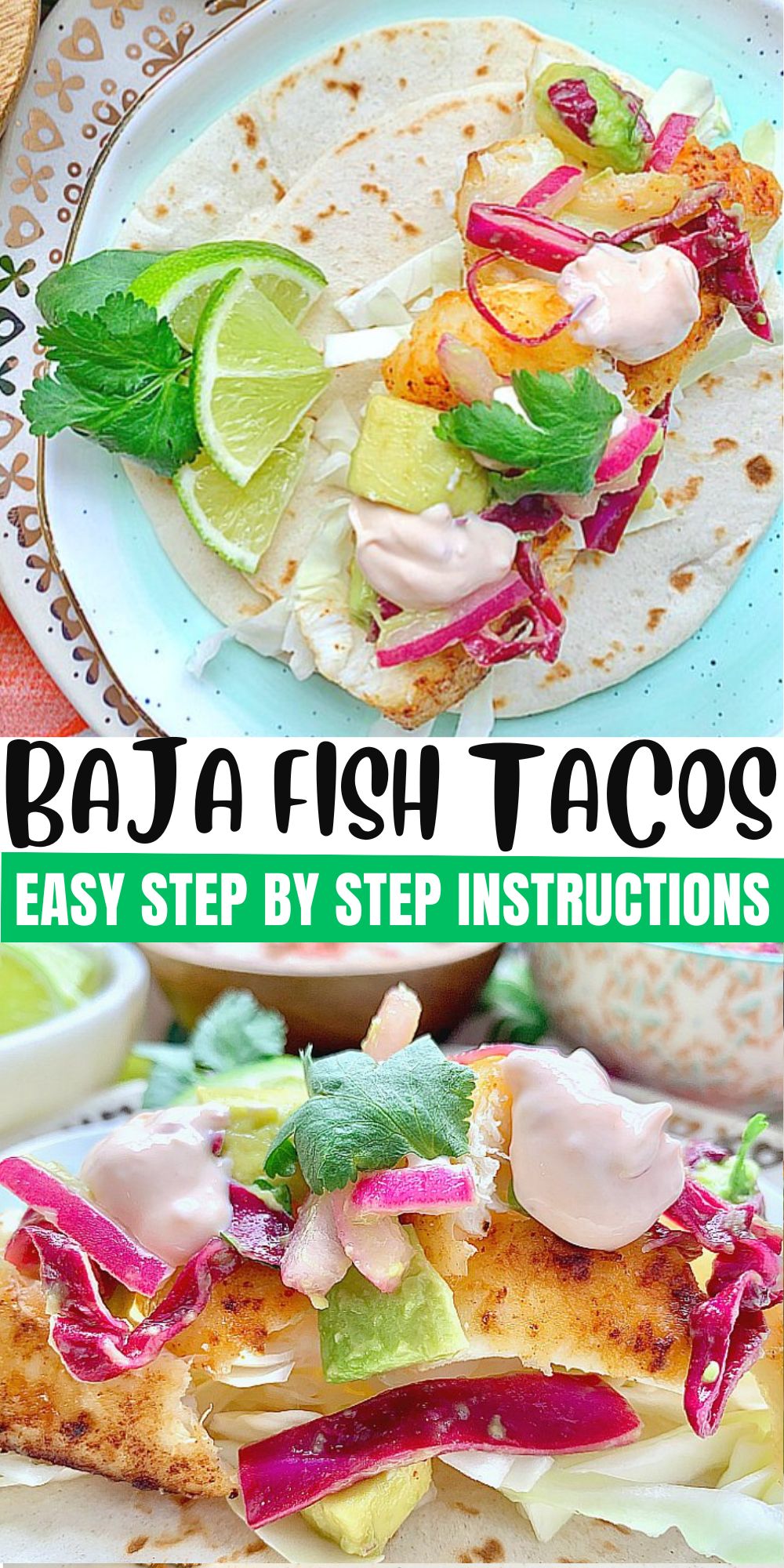Perfectly seasoned halibut combines with a quick pickled avocado salsa, shredded cabbage and a creamy white sauce for these Baja Fish Tacos that are simply the best. via @foodtasticmom