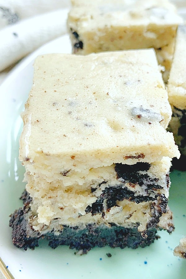 close up view of one oreo cheesecake bite