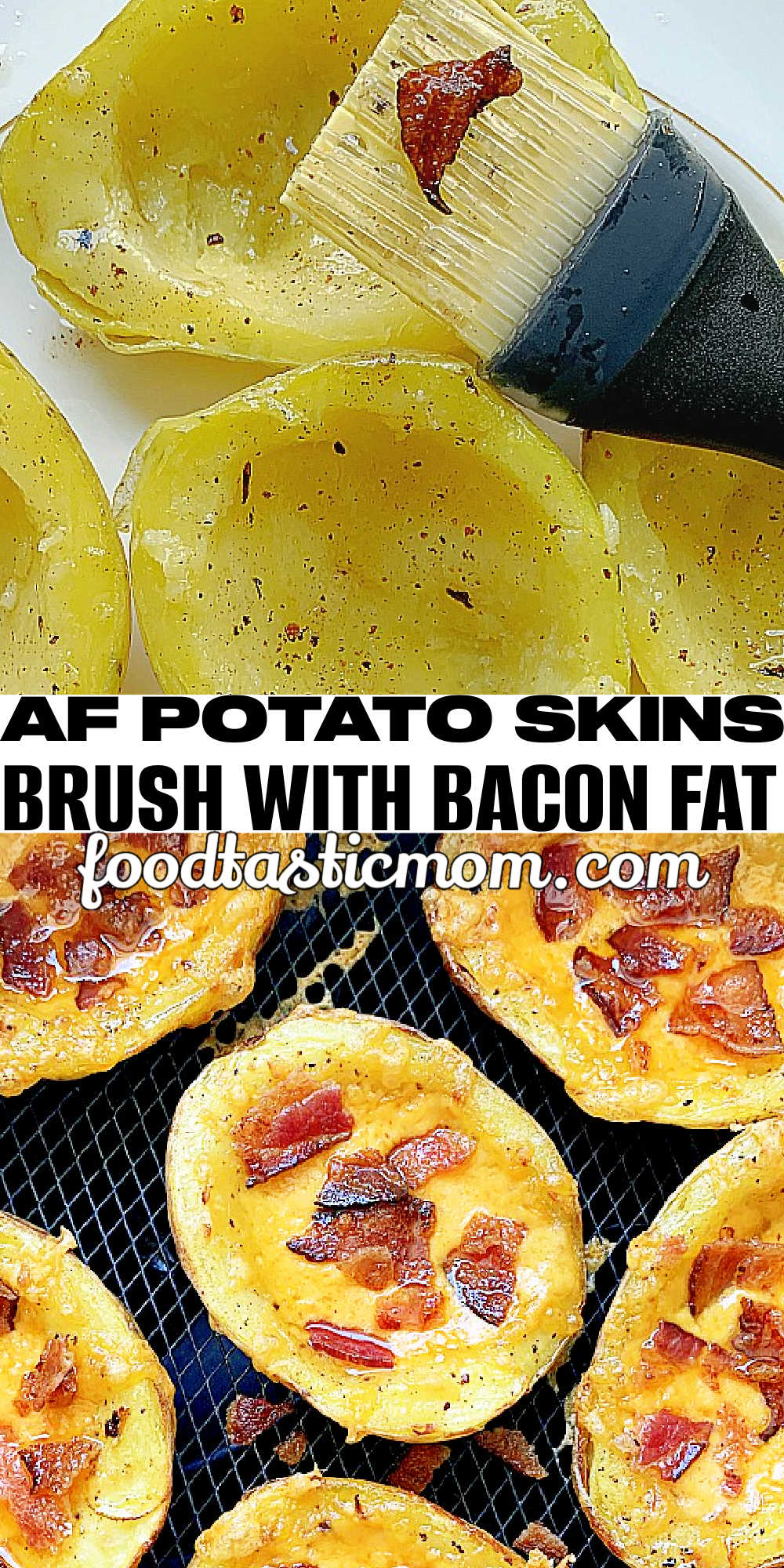 These Air Fryer Potato Skins are even better than restaurant skins. Start in the microwave and brush with bacon fat - then the air fryer makes them perfect! via @foodtasticmom