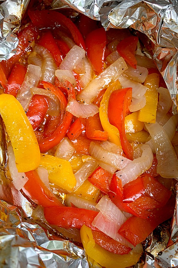 foil pack of grilled peppers and onions