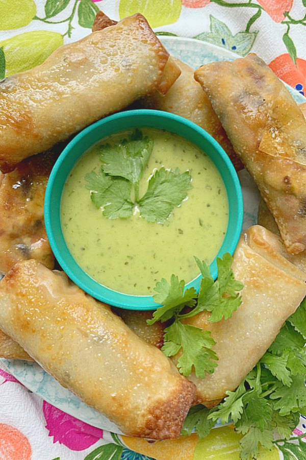 southwestern egg rolls on a plate with a bowl of guacamole salsa