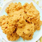 peanut butter cornflake cookies on a pretty turquoise plate