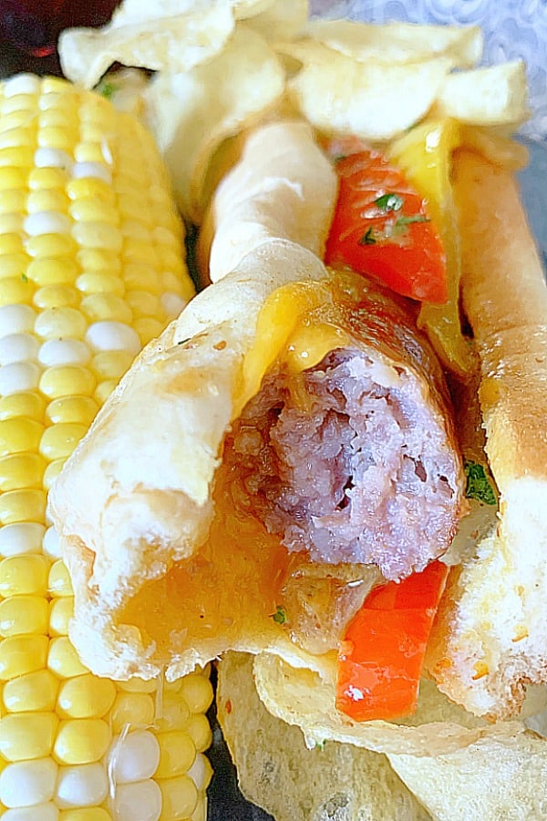 Air Fryer Brats (with beer braised peppers and onions) Foodtastic Mom