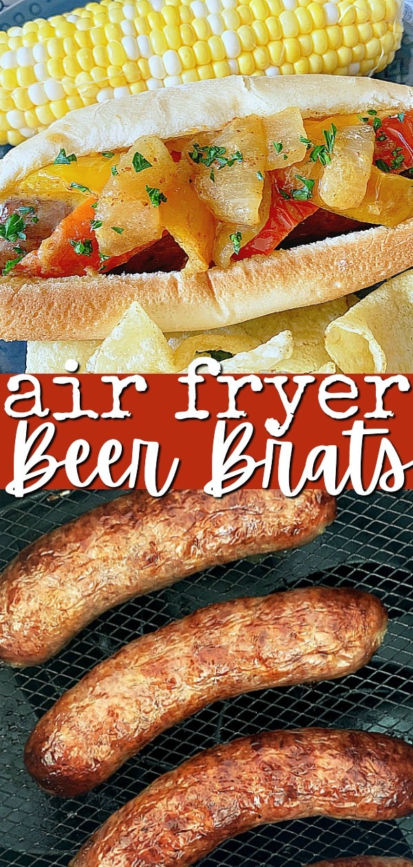 Air Fryer Brats (with beer braised peppers and onions) Foodtastic Mom