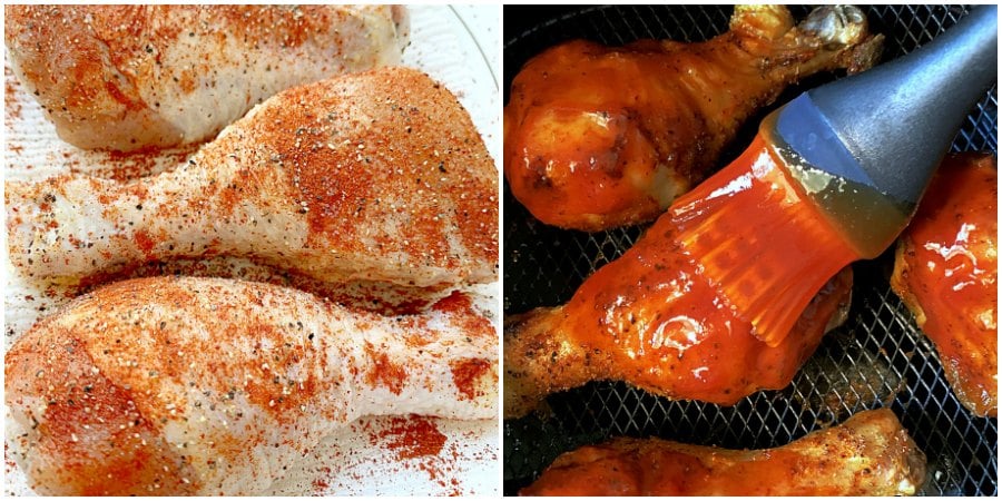 showing chicken legs with dry rub and being brushed with bbq sauce