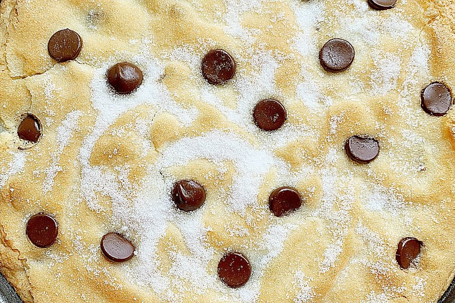 extreme closeup of chocolate chip cake in pan