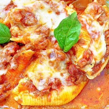 Conchiglioni Pasta Stuffed Shells with Meat Sauce is jumbo shell pasta and lots of cheese baked together with a made from scratch meat sauce.
