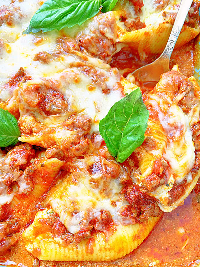 close up of baked Conchiglioni Pasta in a casserole dish