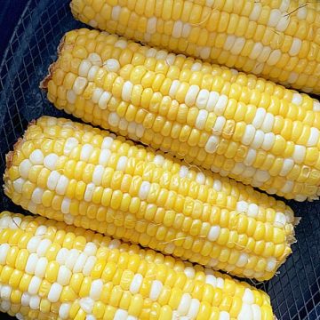 four ears of corn on the cob in the air fryer basket